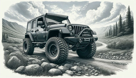 Off-road vehicle on the road in the mountains. 3d rendering