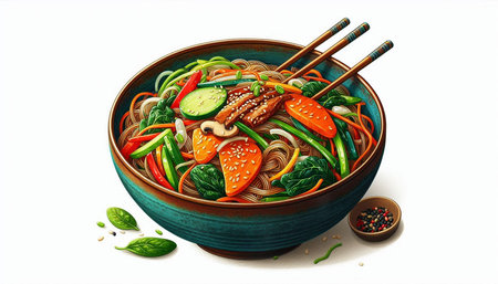 Noodles with vegetables in a bowl with chopsticks. Vector illustration.