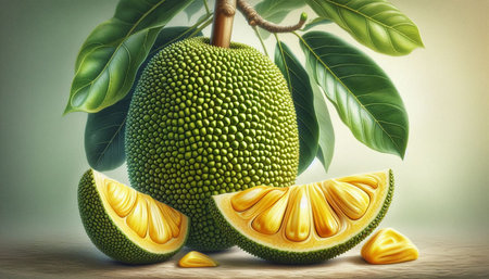 Fresh jackfruit with leaves on wooden table. 3d illustration.の写真素材