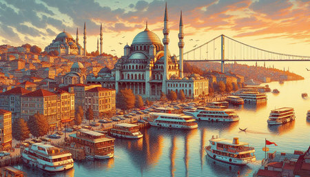 Panoramic view of Istanbul at sunset, Turkey. 3D renderingの写真素材