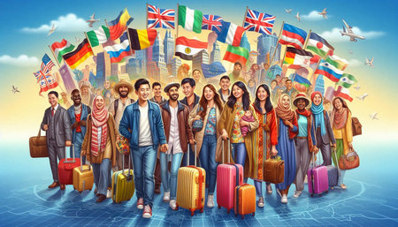 Group of tourists with suitcases and flags on the background of the world.の写真素材