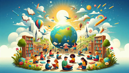 Group of children reading books in the park.