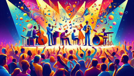 Crowd of people with musical instruments on stage. Vector illustration.