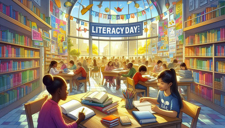 Interior of a school library with children studying and reading books illustration