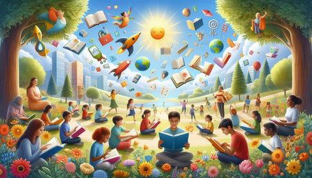 Group of children reading books in the park. Education concept. Illustration