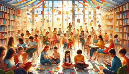 Group of students reading books in the library. Education concept. 3D rendering.