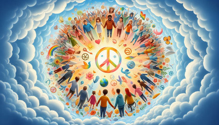 Group of people around the globe against white background with vignette