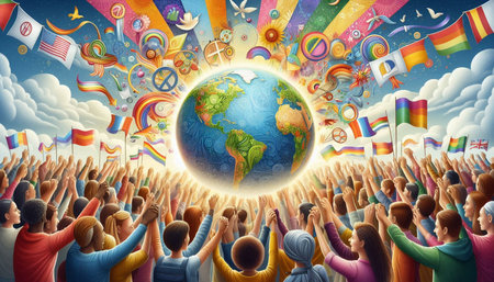 Global Community Globalization International Networking Connection Concept. Crowd of People Holding...