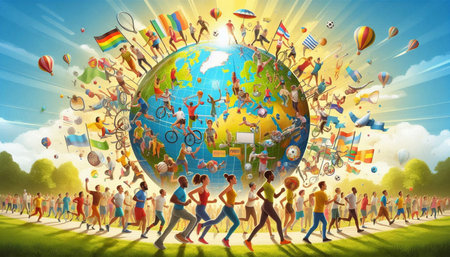 Group of diverse people running around the world.の写真素材