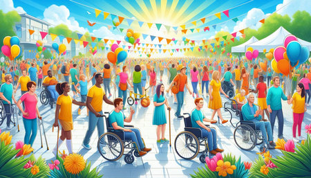 People in a wheelchair at a carnival. Illustration for the holiday.