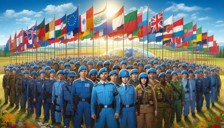 Soldiers of different nationalities on the background of the world flag