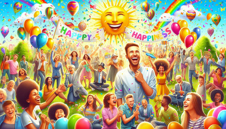Diverse People Celebration Party Summer Holiday Vacation Concept - Crowd of diverse people with balloons and confetti celebrating summer holidaysの写真素材