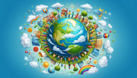 Earth planet with buildings, clouds and other elements. Vector illustration.