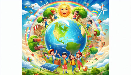 Banner template with happy children playing on the planet in the park illustrationの写真素材