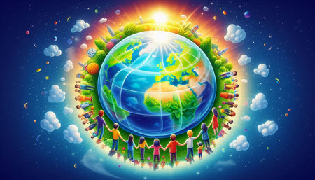 Earth day concept with people around the planet  Elements of this image are furnished by NASAの写真素材