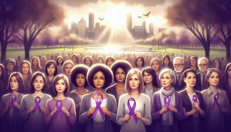 Conceptual image of a group of people with a purple ribbon on the background of the city.