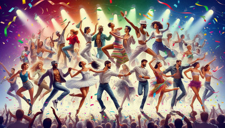 Dancing people at a music festival. Colorful party background.