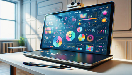 Close up of laptop with business graphics on screen. 3d rendering