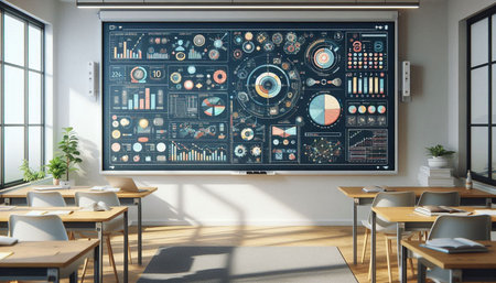 Modern classroom interior with business infographics on the wall. 3D Rendering