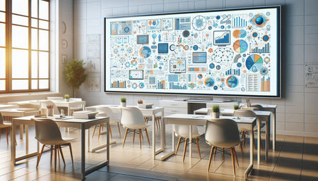 Conference room interior with white walls, tiled floor, round tables with chairs and big whiteboard with charts. Toned image double exposureの写真素材