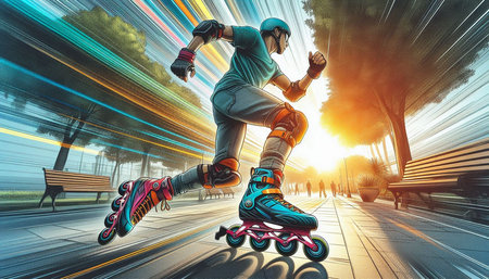 Roller skating in the city at sunset. 3d illustration.の写真素材