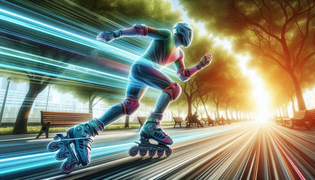 3d rendering of a female rollerblading in the park.