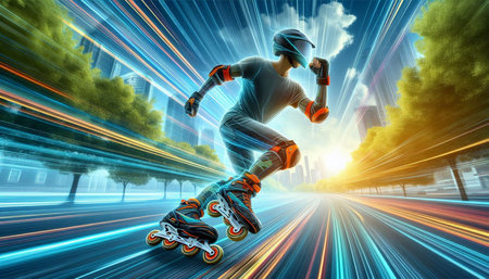 Roller skating on the road with motion blur background. 3D rendering