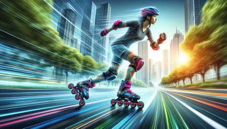 Roller skating on the road in the city. 3d rendering