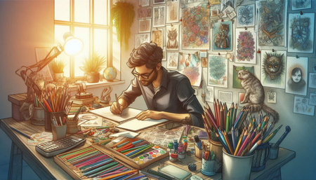 Artist working with color pencils in his home office. Mixed mediaの写真素材