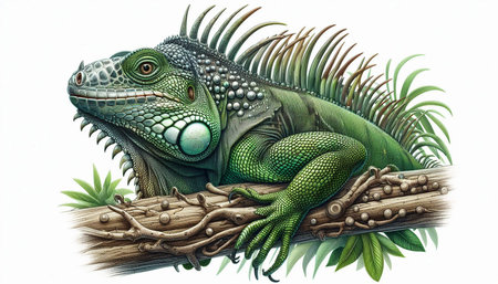 Green iguana on the branch isolated on white background. 3d illustrationの写真素材
