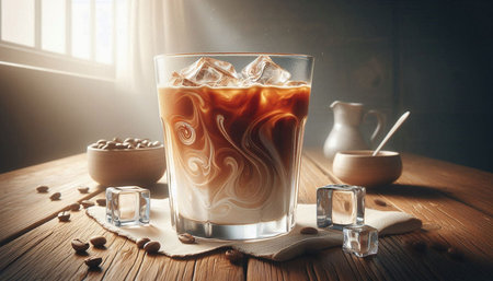 Iced coffee with milk in glass on wooden table, stock photo