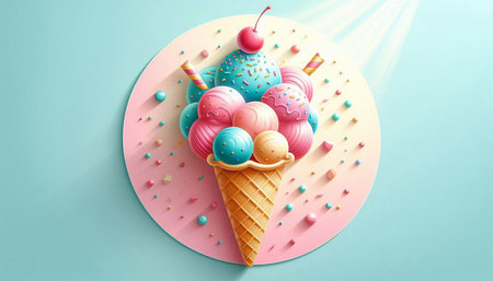 Ice cream cone with pink and blue ice cream balls, 3d illustration