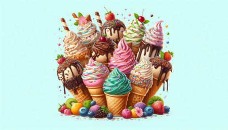 Ice cream with different flavors in waffle cones isolated on blue background
