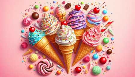 Colorful ice cream in waffle cones with candies on pink background