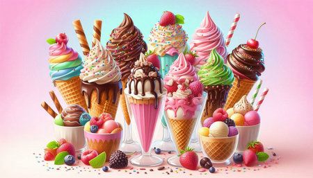 Ice cream with fruits and berries in waffle cones on pink background
