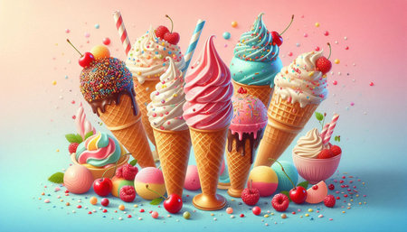 Ice cream in waffle cones on a blue background. 3d illustration