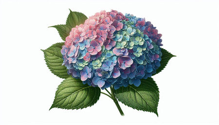Blue hydrangea flowers with green leaves isolated on white background