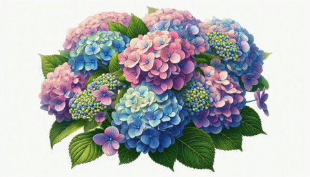Hydrangea flowers in watercolor style on a white background.