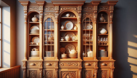Antique wooden shelf with dishes and dishes. 3D rendering.の写真素材