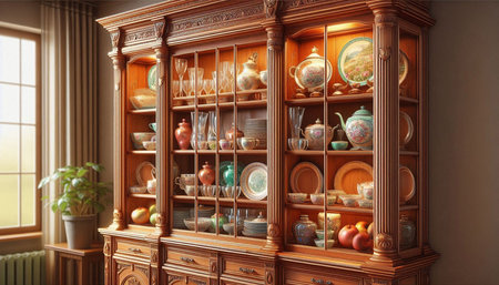 Cabinet with dishes. 3d render. Vintage style.