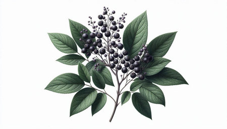Branch with black berries and green leaves on a white background.