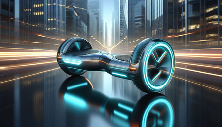 Close up of hoverboard or gyro scooter with motion blur background