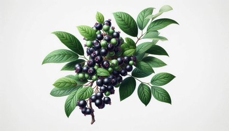 A branch of ripe blueberries with green leaves on a white background