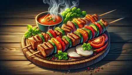 Grilled kebab with vegetables and sauce on wooden background.