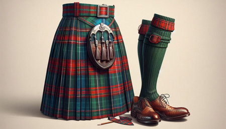 Scottish kilt with a pair of scottish shoes. 3d illustrationの写真素材
