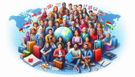 Large group of people in a global travel concept on world map background