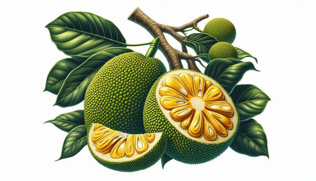 Illustration of jackfruit with green leaves on a white background.
