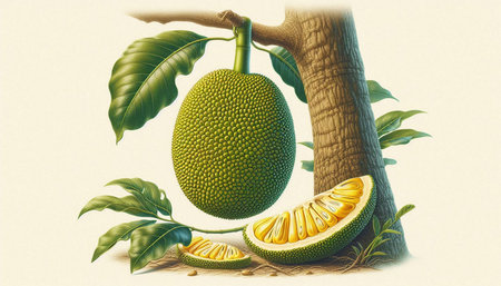 Artistic illustration of Jackfruit with leaves on a tree branch.