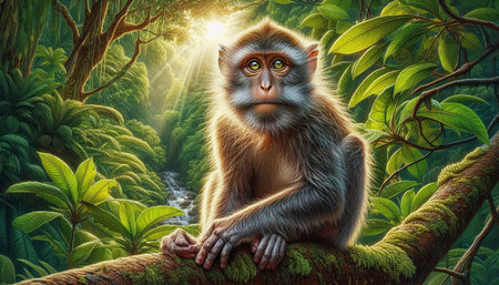 Monkey in the jungle. 3d illustration. Fantasy forest.の写真素材