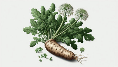 Illustration of parsnip root with green leaves on white background